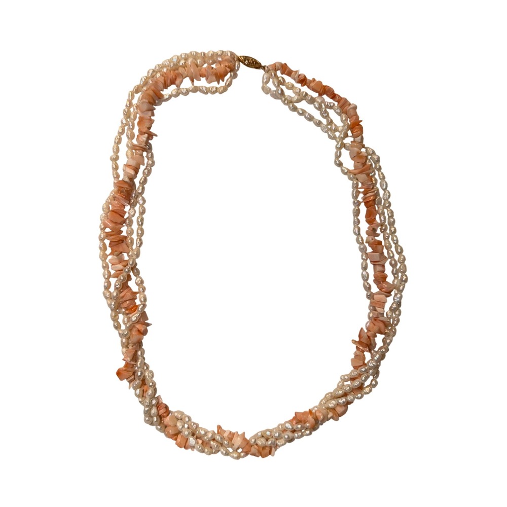 Vtg Pink Coral Freshwater Keshi Pearls Necklace 14K Gold Clasp Multi Strand Lux - Picture 2 of 8